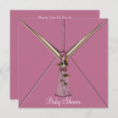 ピンクローズバードタッセルベビーガールシャワー招待状 招待状 (正面/裏面)