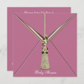 ピンクローズバードタッセルベビーガールシャワー招待状 招待状 (正面/裏面)