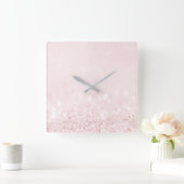 ピンクローズパステルパウダーグリッターホワイトグラデーション スクエア壁時計 (ホーム)