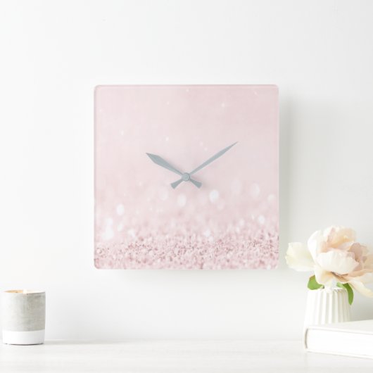 ピンクローズパステルパウダーグリッターホワイトグラデーション スクエア壁時計 (ホーム)