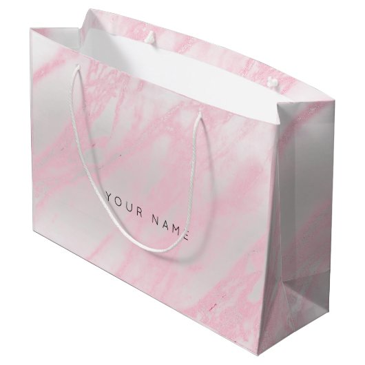 ピンクローズパステル赤面マーブルメタリックギフトシルバー ラージペーパーバッグ (裏面アングル)