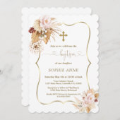 ピンクローズパンパスグラスパーム金ゴールドガールバプテスマ 招待状 (正面/裏面)