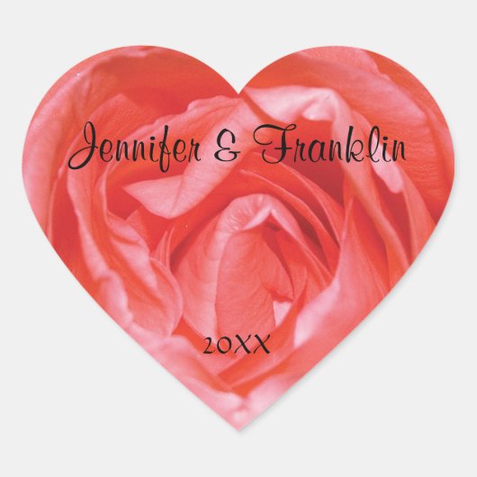 ピンクローズパーソナライズされたハート結婚ステッカー ハートシール (正面)