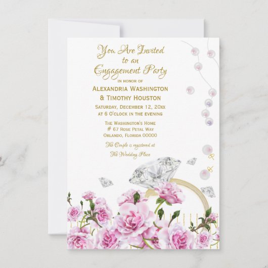 ピンクローズパールスダイヤモンドリングや輪カップルズ婚約 招待状 (正面)