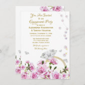 ピンクローズパールスダイヤモンドリングや輪カップルズ婚約 招待状 (正面/裏面)