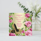 ピンクローズパール金ゴールドハイヒールシューバースデーパーティー 招待状 (スタンド正面)