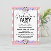 ピンクローズピンクストライプ色の卒業式パーティー 招待状 (スタンド正面)