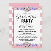 ピンクローズピンクストライプ色の卒業式パーティー 招待状 (正面/裏面)