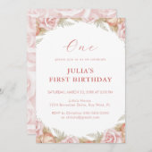 ピンクローズファースト誕生日 招待状 (正面/裏面)