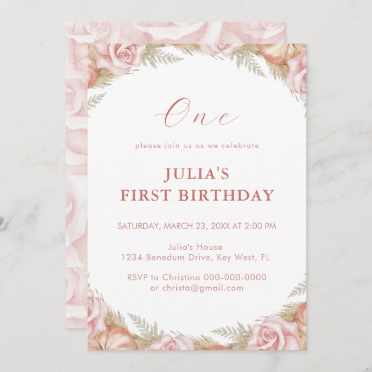 ピンクローズファースト誕生日 招待状 (正面/裏面)