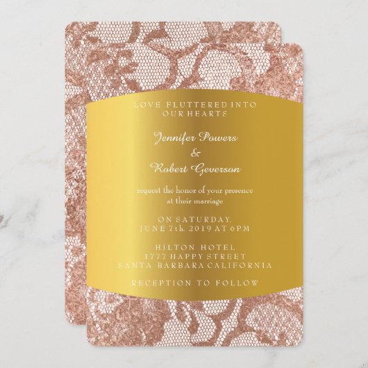 ピンクローズフェイク結婚金ゴールド王室の招待状 招待状 (正面/裏面)