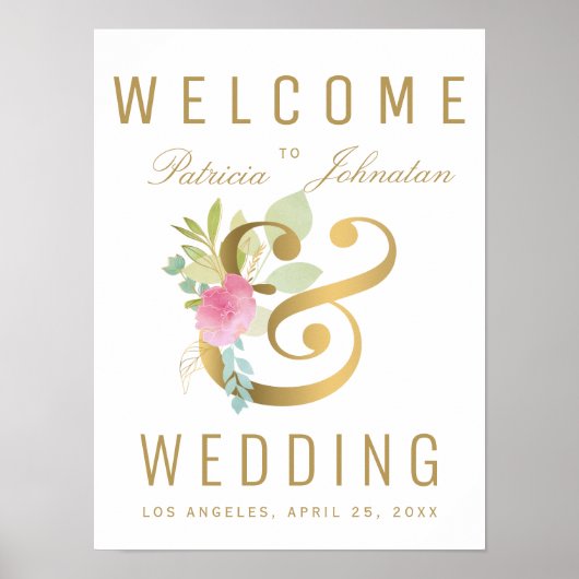 ピンクローズフェイク金ゴールドアンパサンド結婚ウェルカム徴候 ポスター (正面)