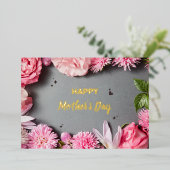 ピンクローズフォイル母の日のグリーティングカード 箔招待状 (立ち正面)