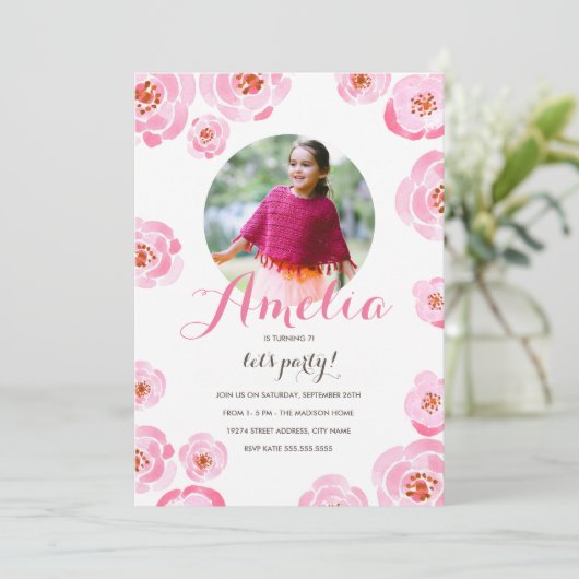 ピンクローズフォト誕生日招待状 招待状 (スタンド正面)