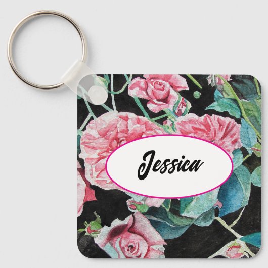 ピンクローズフラワーウォーターバラブラックキーリング キーホルダー (正面)