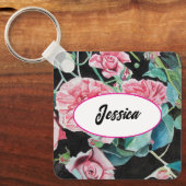 ピンクローズフラワーウォーターバラブラックキーリング キーホルダー (正面)