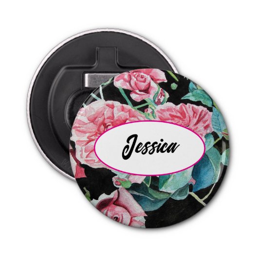 ピンクローズフラワーウォーターバラブラックキーリング 栓抜き (正面)