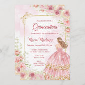 ピンクローズフラワーズウィズ赤面ピンクキンセアニェライン 招待状 (正面/裏面)