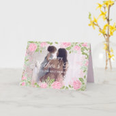 ピンクローズフラワーズフレームハッピーマザーズデイフォト カード (黄色い花)