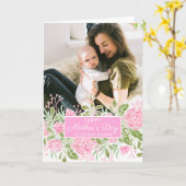 ピンクローズフラワーズ葉ズハッピーマザーズデー写真 カード (黄色い花)