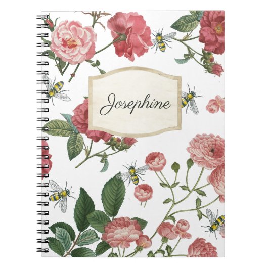 ピンクローズフラワーズ蜂ヴィンテージフローラパーソナライズされた ノートブック (正面)