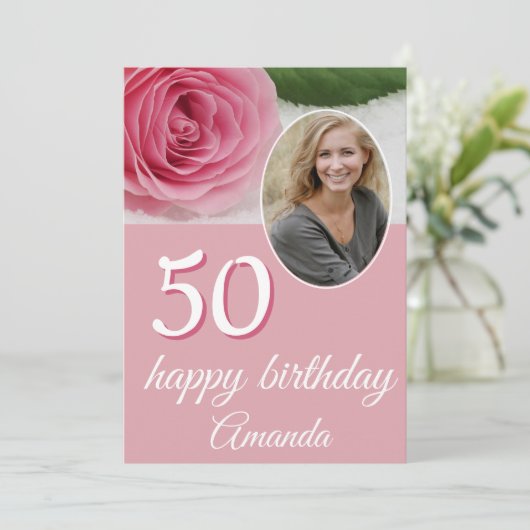 ピンクローズフラワーフォトフローラ50誕生日カード (スタンド正面)