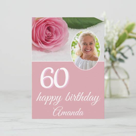 ピンクローズフラワーフォトフローラ60誕生日カード (スタンド正面)