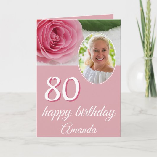 ピンクローズフラワーフォトフローラ80誕生日カード カード (正面)