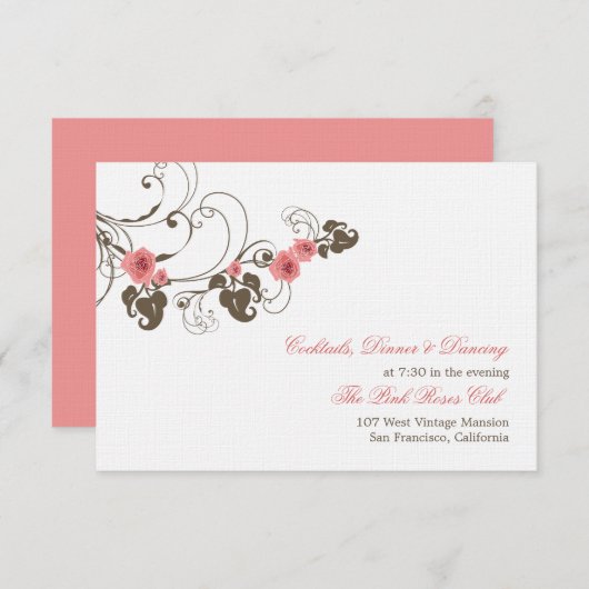 ピンクローズフルーアエレガントフローラウェディングレセプション 招待状 (正面/裏面)