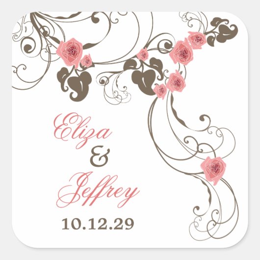 ピンクローズフルーアフローラエレガントヴィンテージウェディング スクエアシール (正面)