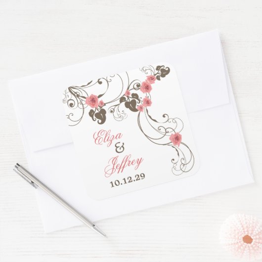 ピンクローズフルーアフローラエレガントヴィンテージウェディング スクエアシール (封筒)
