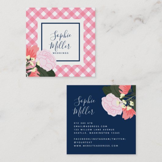 ピンクローズフローラとピンクジンガム スクエア名刺 (正面/裏面)