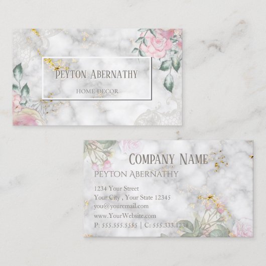 ピンクローズフローラと金ゴールドマーブルホームデコール 名刺 (正面/裏面)