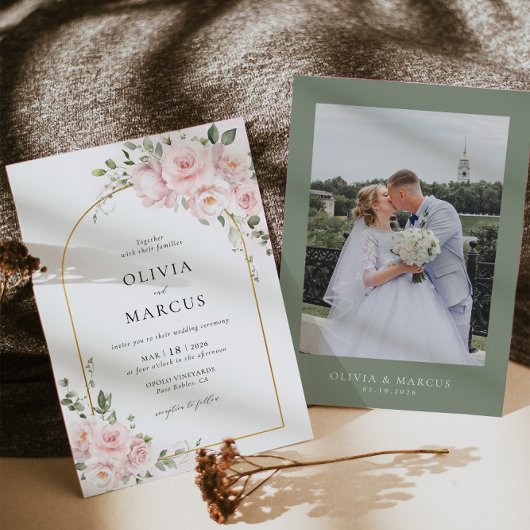 ピンクローズフローラアーチエレガントウェディング招待状 招待状