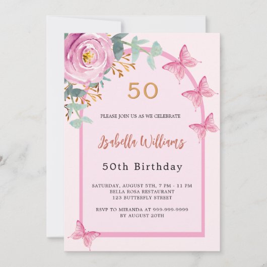 ピンクローズフローラアーチ蝶誕生日 招待状 (正面)