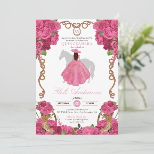 ピンクローズフローラウエスタンチャロキンセアニラ 招待状 (スタンド正面)