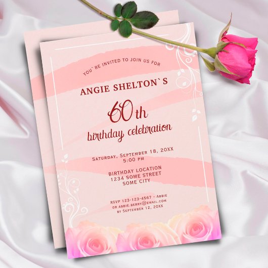 ピンクローズフローラウォーターストライプカラー60誕生日 招待状