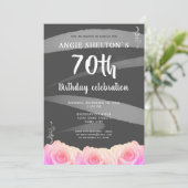 ピンクローズフローラウォーターストライプカラー70誕生日 招待状 (スタンド正面)