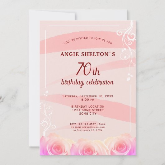 ピンクローズフローラウォーターストライプカラー70誕生日 招待状 (正面)