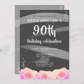 ピンクローズフローラウォーターストライプカラー90誕生日 招待状 (正面/裏面)