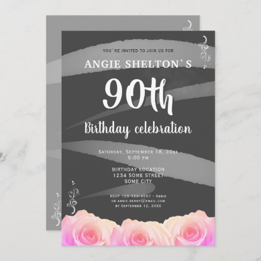 ピンクローズフローラウォーターストライプカラー90誕生日 招待状 (正面/裏面)