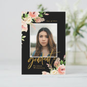 ピンクローズフローラエレガントグリーンリー写真卒業 サンキューカード (スタンド正面)