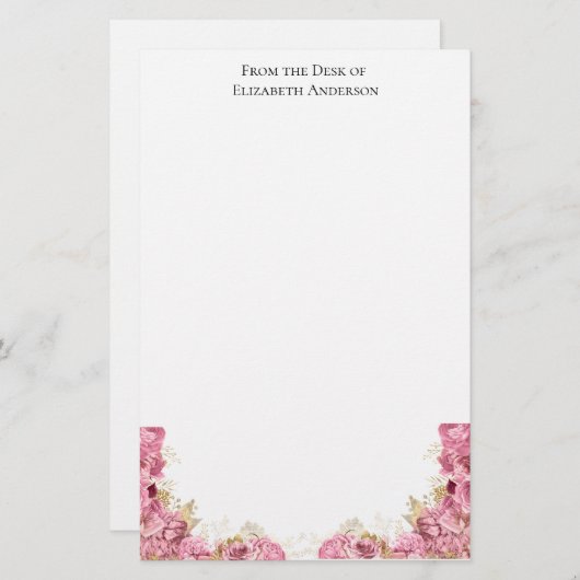 ピンクローズフローラエレガントパーソナライズされた文具 便箋 (正面/裏面)