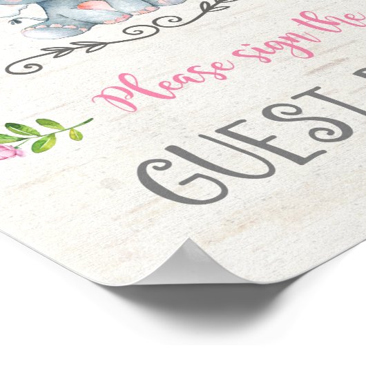 ピンクローズフローラエレファントベビーゲストブックサイン ポスター (角)