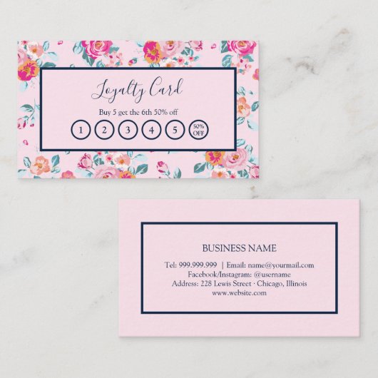 ピンクローズフローラオンネイビーブルーロイヤリティパンチカード 名刺 (正面/裏面)
