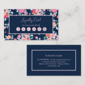 ピンクローズフローラオンネイビーブルーロイヤリティパンチカード 名刺 (正面/裏面)