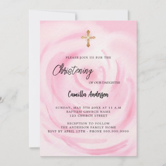 ピンクローズフローラガールラグジュアリー《キリスト教》洗礼式や命名式 招待状 (正面)
