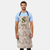 ピンクローズフローラキッチンエプロンカスタムモノグラム エプロン (着用した状態)