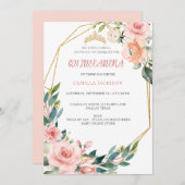 ピンクローズフローラキンセアニェラ赤面バタフライティアール 招待状 (正面/裏面)