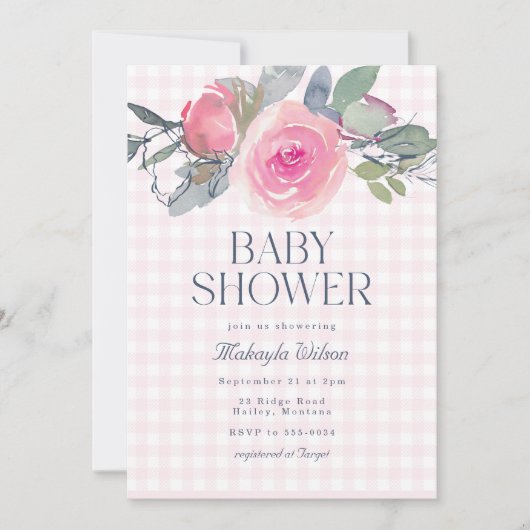 ピンクローズフローラギンガムガールベビーシャワー 招待状 (正面)
